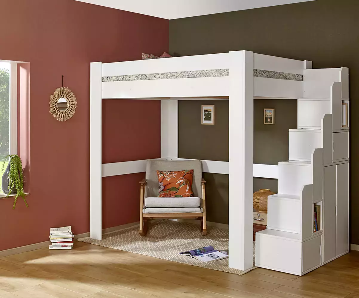 Lit mezzanine escalier blanc 1 place avec module escalier Lit mezzanine escalier blanc 1 place avec module escalier