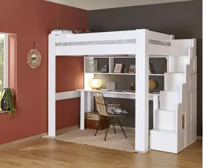 Lit mezzanine blanc avec bureau en option