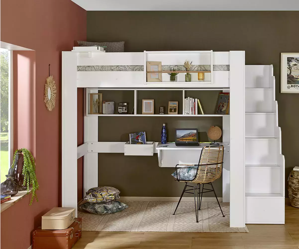 Lit mezzanine blanc avec accessoires de rangement Lit mezzanine blanc avec accessoires de rangement