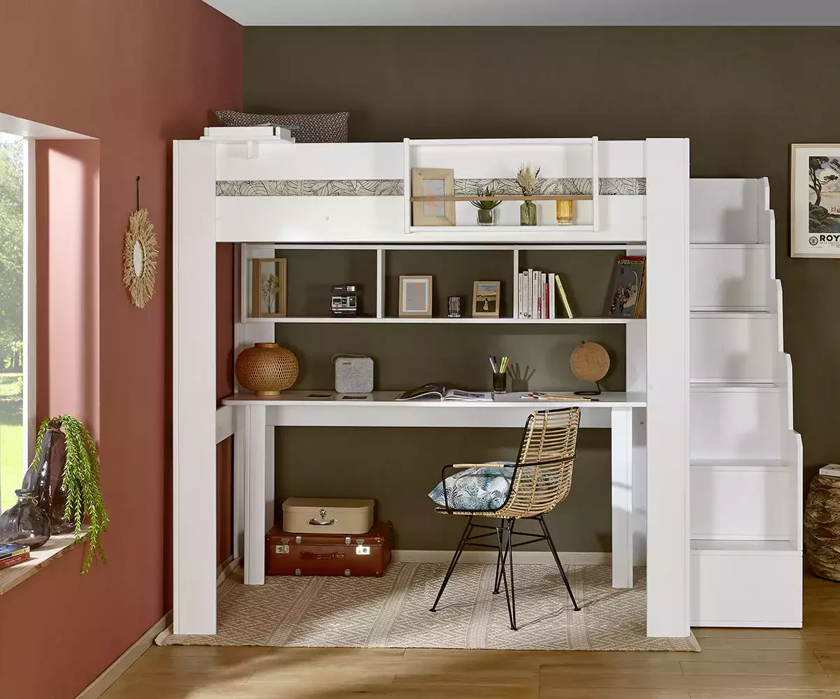 Lit mezzanine blanc avec bureau Milos en option Lit mezzanine blanc avec bureau Milos en option