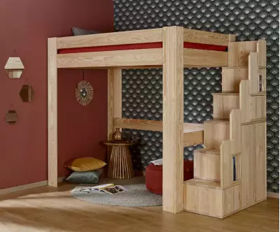 Lit mezzanine escalier bois naturel 1 place avec module escalier
