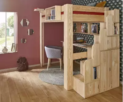 Lit mezzanine bois naturel avec bureau en option