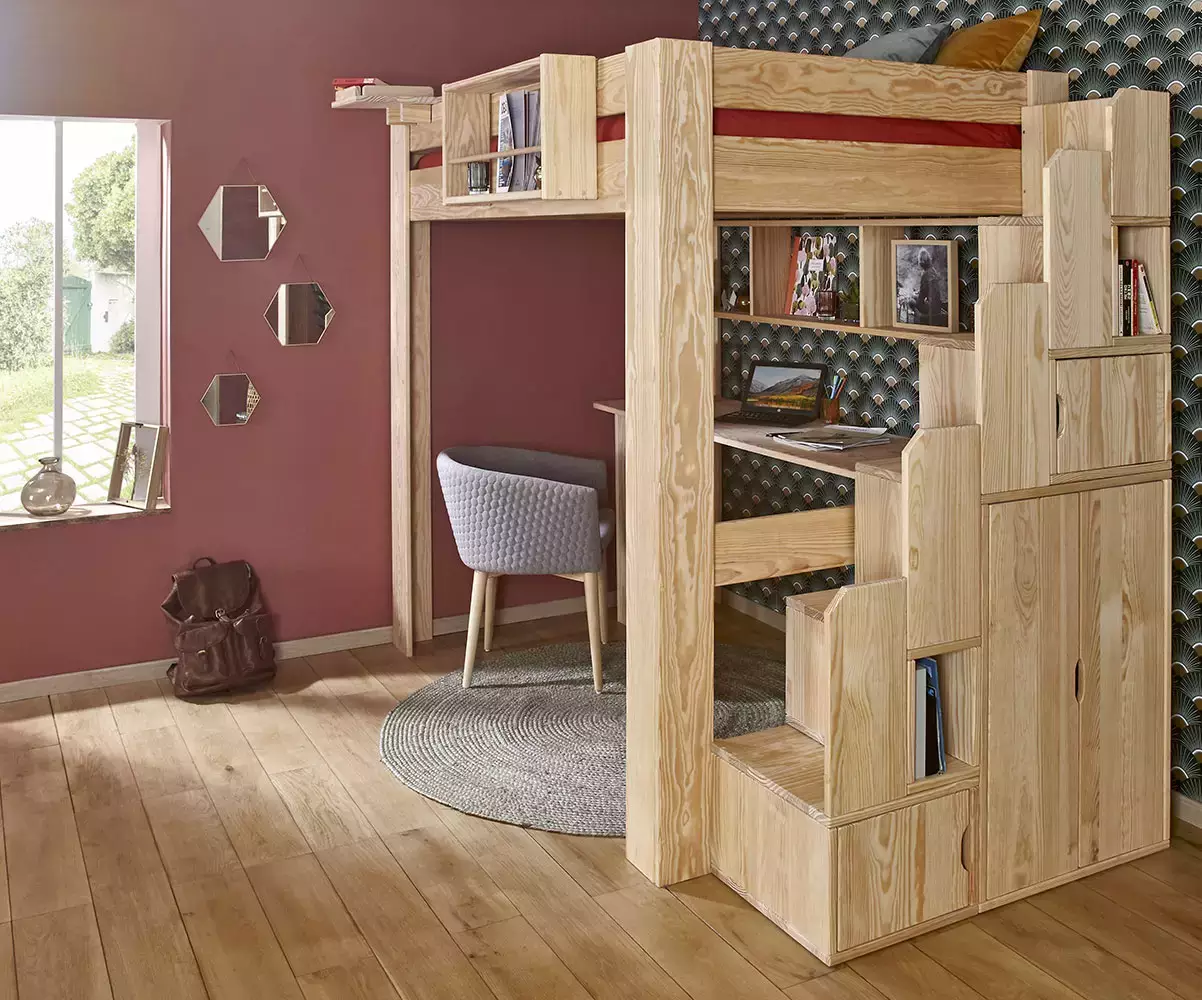 Lit mezzanine bois naturel avec bureau en option Lit mezzanine bois naturel avec bureau en option