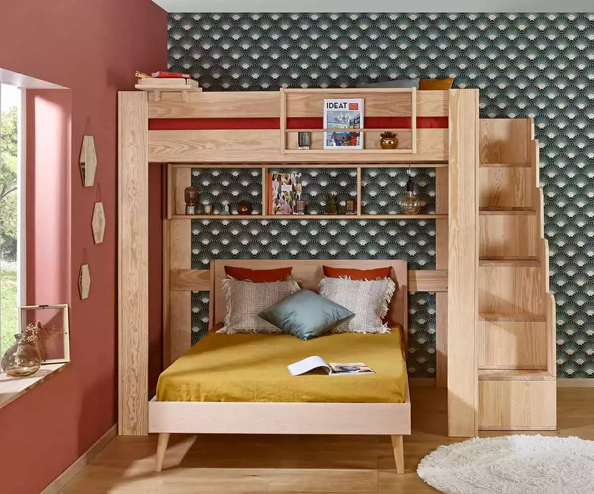 Lit mezzanine bois naturel avec lit Riddel en option Lit mezzanine bois naturel avec lit Riddel en option