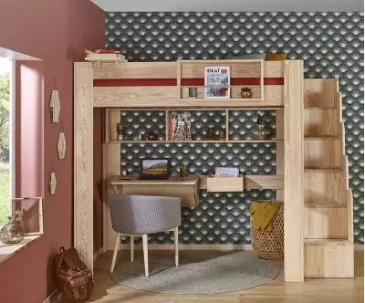 Lit mezzanine bois naturel avec accessoires de rangement