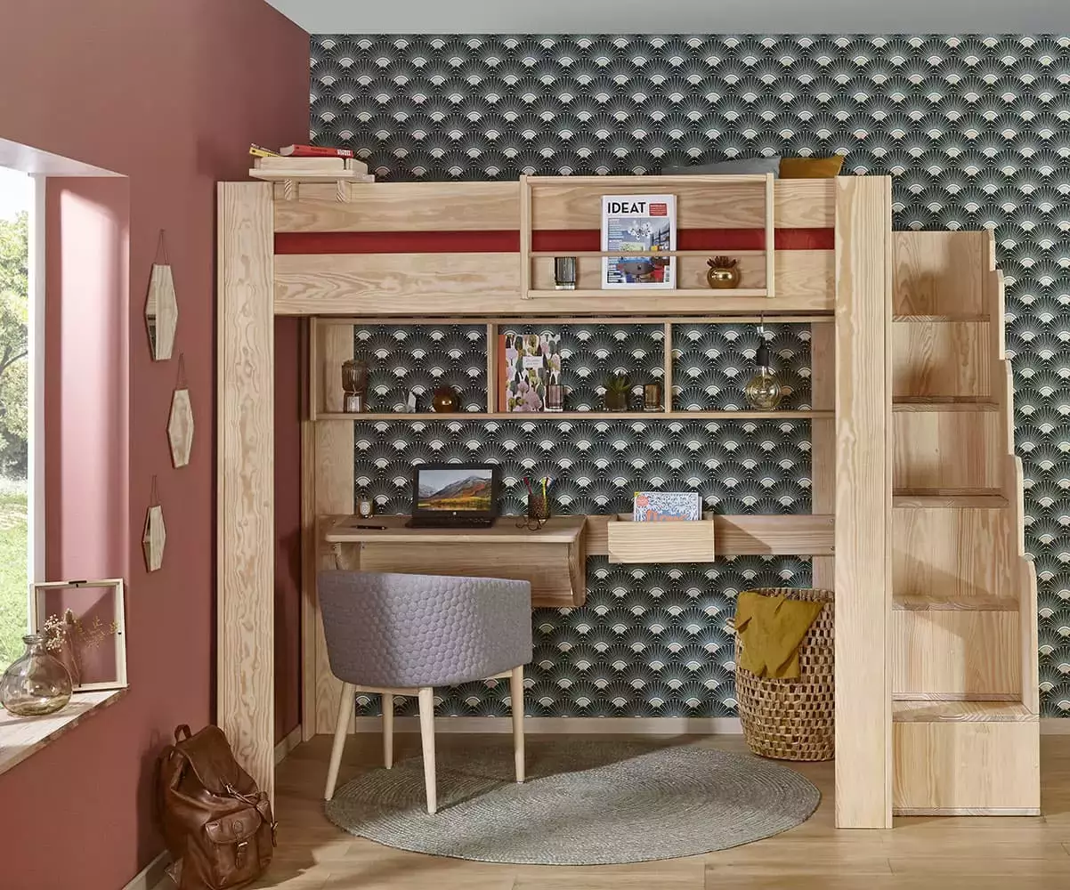 Lit mezzanine bois naturel avec accessoires de rangement Lit mezzanine bois naturel avec accessoires de rangement