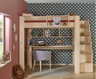 Lit mezzanine bois naturel avec bureau Milos en option