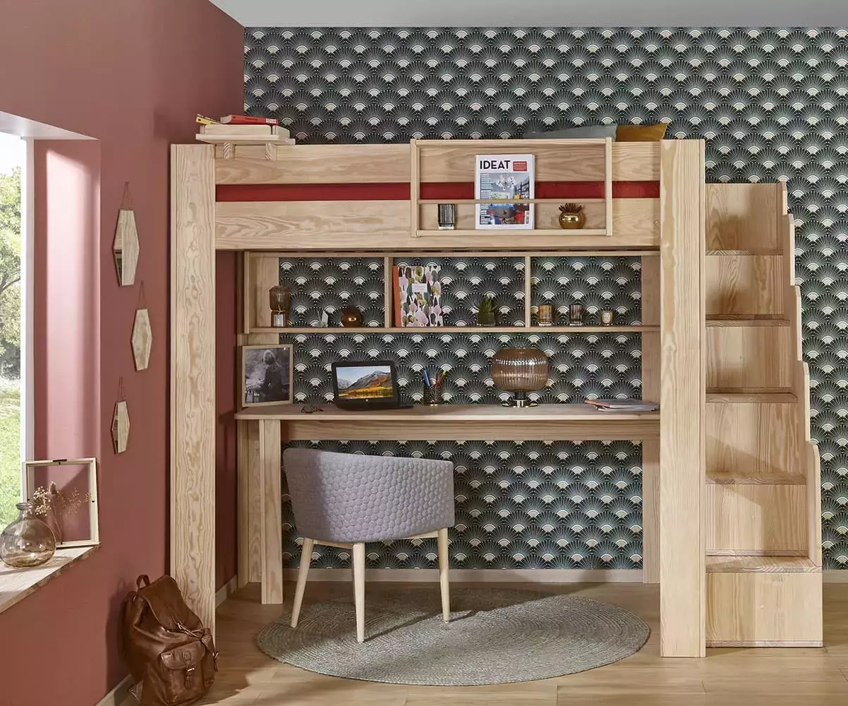 Lit mezzanine bois naturel avec bureau Milos en option Lit mezzanine bois naturel avec bureau Milos en option