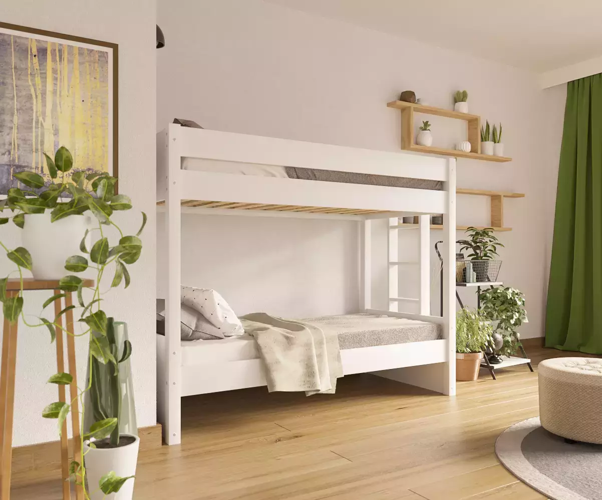 Lit superposé adulte Kupa blanc échelle positionnable avec matelas Lit superposé adulte Kupa blanc échelle positionnable avec matelas