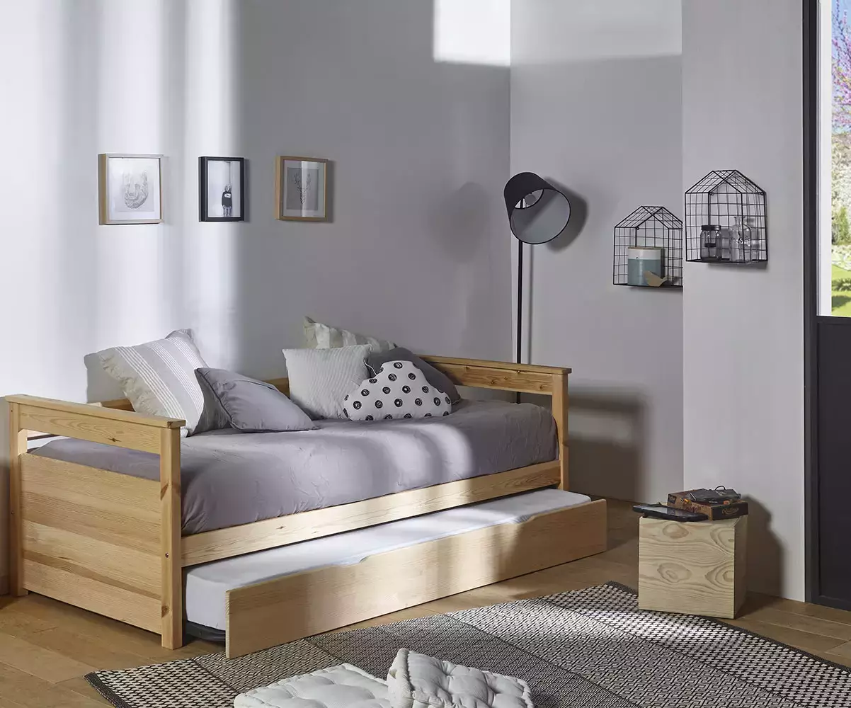 Lit gigogne banquette Nuage bois naturel entrouverte Lit gigogne banquette Nuage bois naturel entrouverte