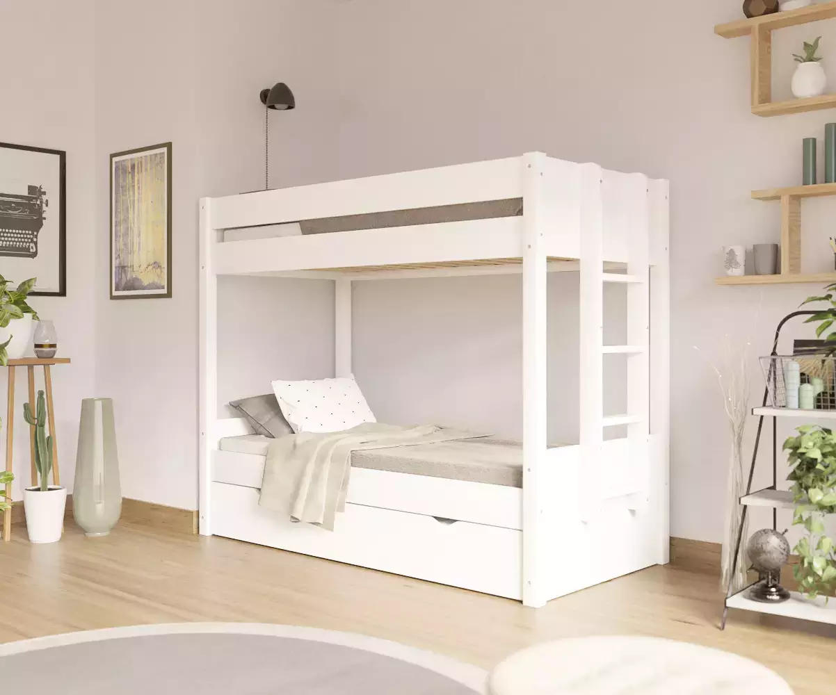 Lit superposé gigogne adulte Kupa blanc positionnable avec matelas Lit superposé gigogne adulte Kupa blanc positionnable avec matelas