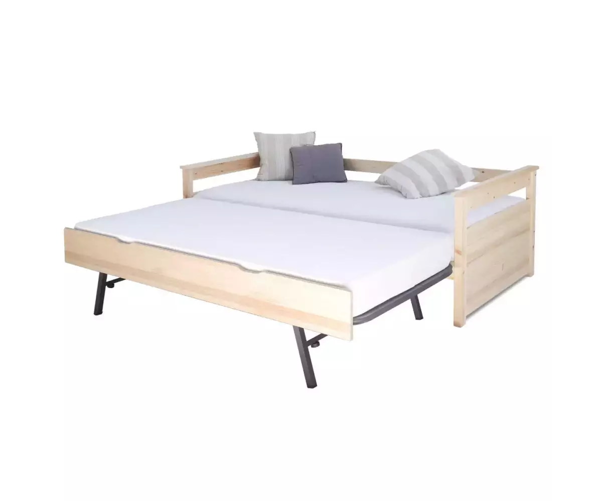 Lit banquette bois naturel transformé en lit double Lit banquette bois naturel transformé en lit double