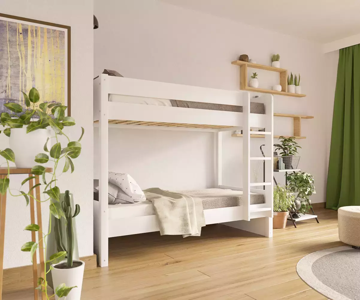 Lit superposé adulte Javari blanc échelle positionnable avec matelas Lit superposé adulte Javari blanc échelle positionnable avec matelas