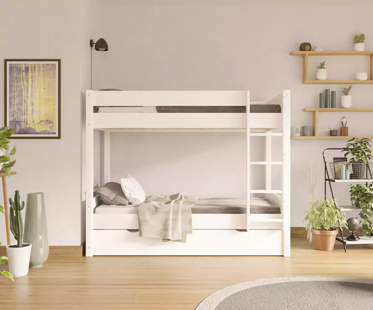 Lit superposé gigogne adulte Javari blanc avec matelas Lit superposé gigogne adulte Javari blanc avec matelas