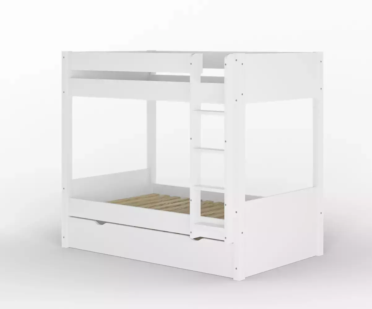 Lit superposé gigogne adulte Javari blanc vue de 3/4 avec matelas Lit superposé gigogne adulte Javari blanc vue de 3/4 avec matelas
