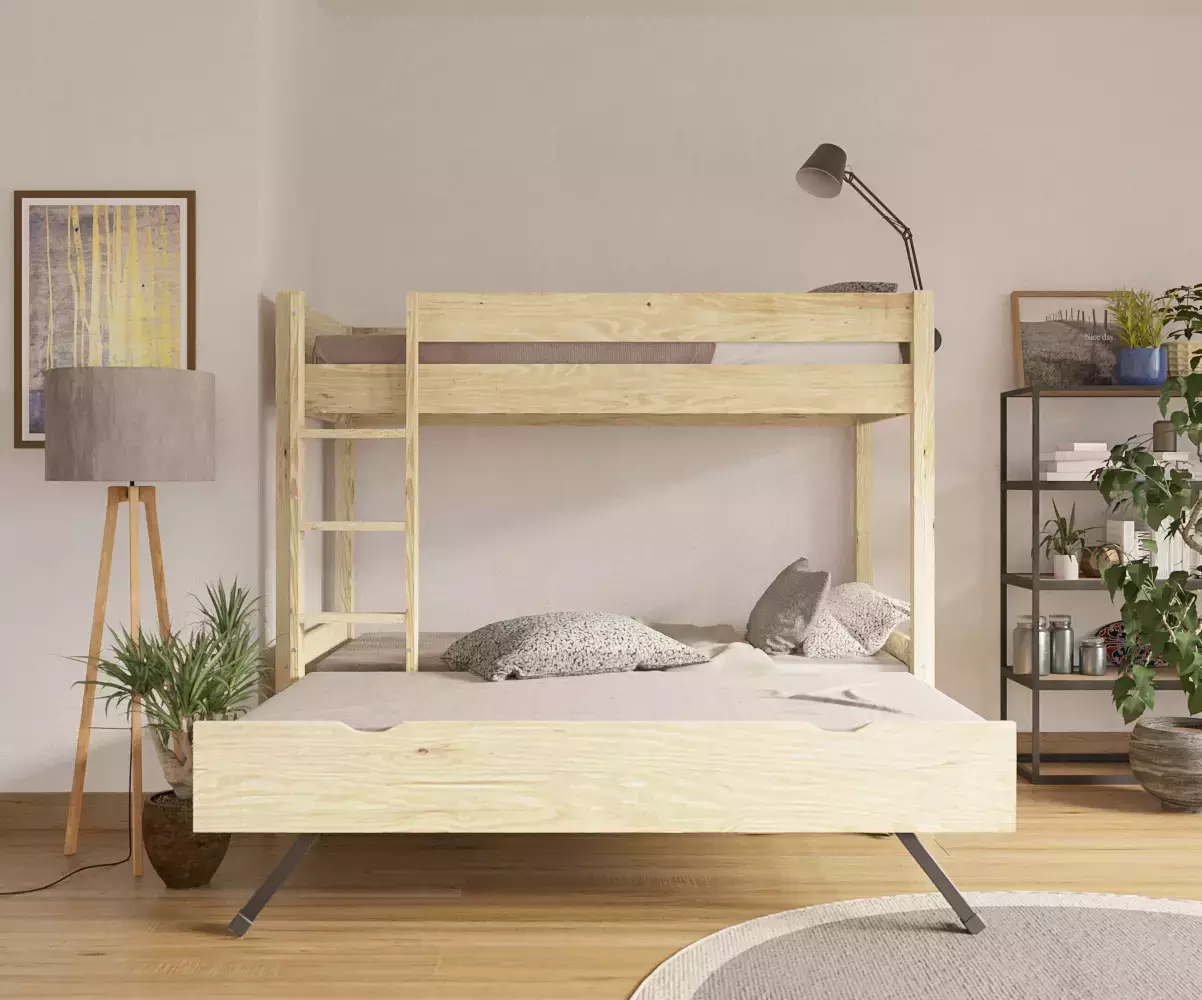 Lit superposé gigogne adulte Javari bois 3 couchages avec matelas Lit superposé gigogne adulte Javari bois 3 couchages avec matelas