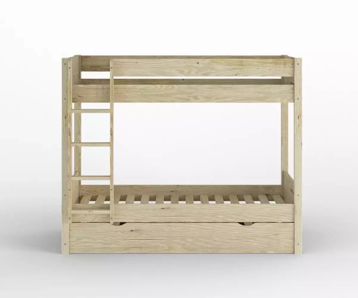 Lit superposé gigogne adulte Javari bois vue de face avec matelas Lit superposé gigogne adulte Javari bois vue de face avec matelas
