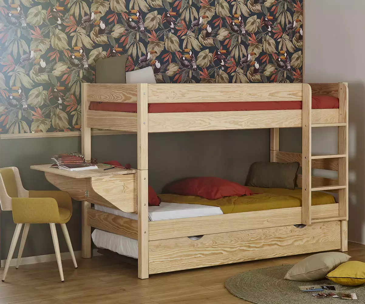 Lit superposé Écrin bas avec sommier gigogne et accessoires en option Lit superposé Écrin bas avec sommier gigogne et accessoires en option
