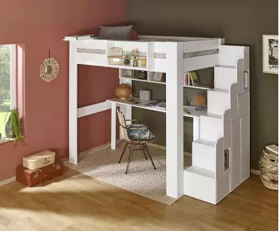 Ensemble lit mezzanine Paros blanc double avec escalier aves rangement