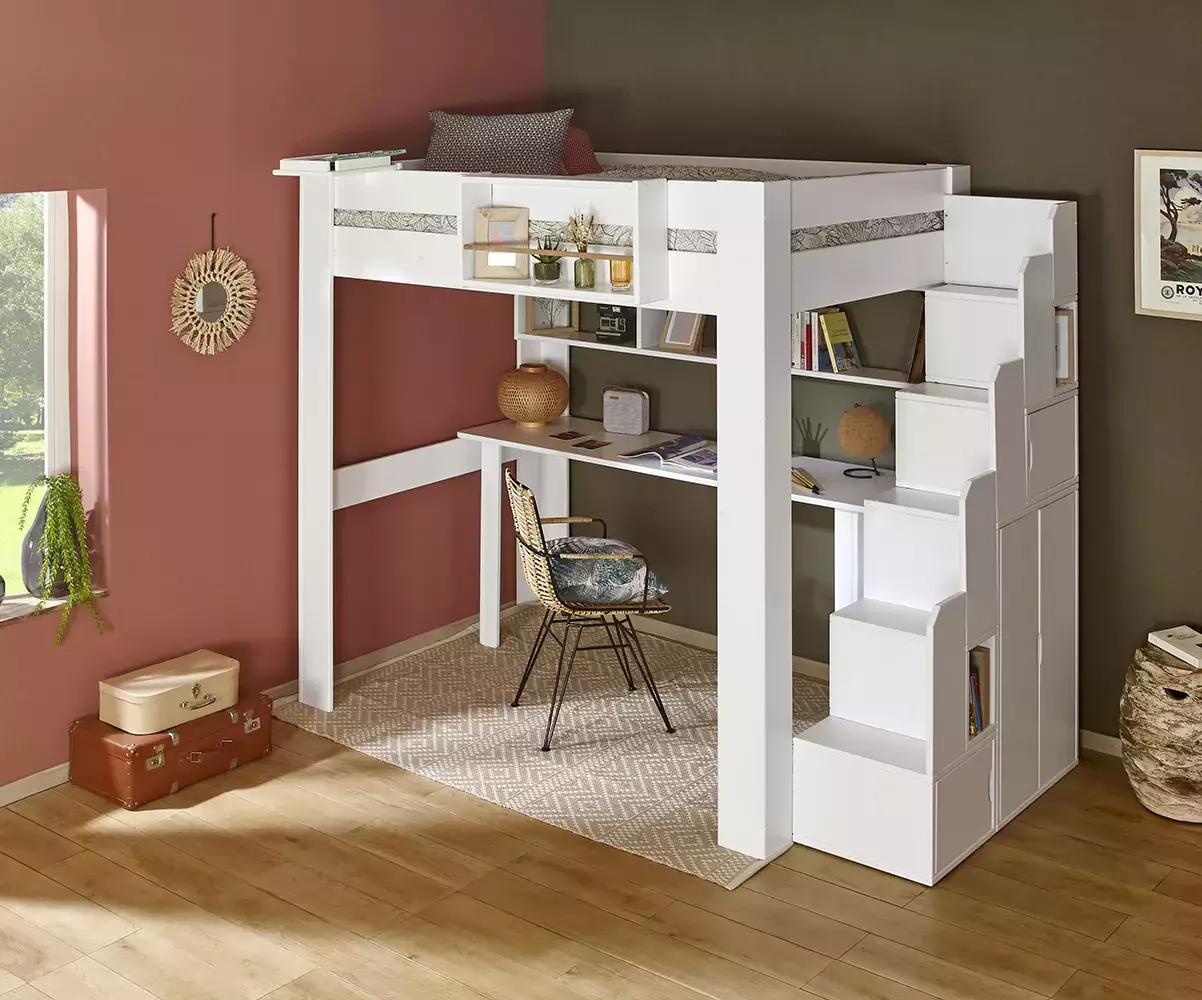 Ensemble lit mezzanine Paros blanc double avec escalier aves rangement Ensemble lit mezzanine Paros blanc double avec escalier aves rangement