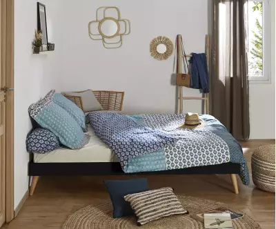 Lit 2 places noir et bois avec matelas