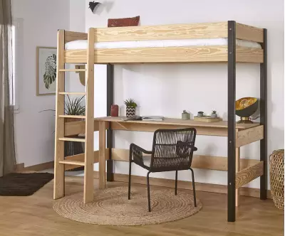 Lit mezzanine Douglas bois et noir avec bureau