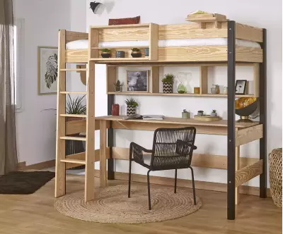 Lit mezzanine Douglas bois et noir avec bureau (rangements en option)