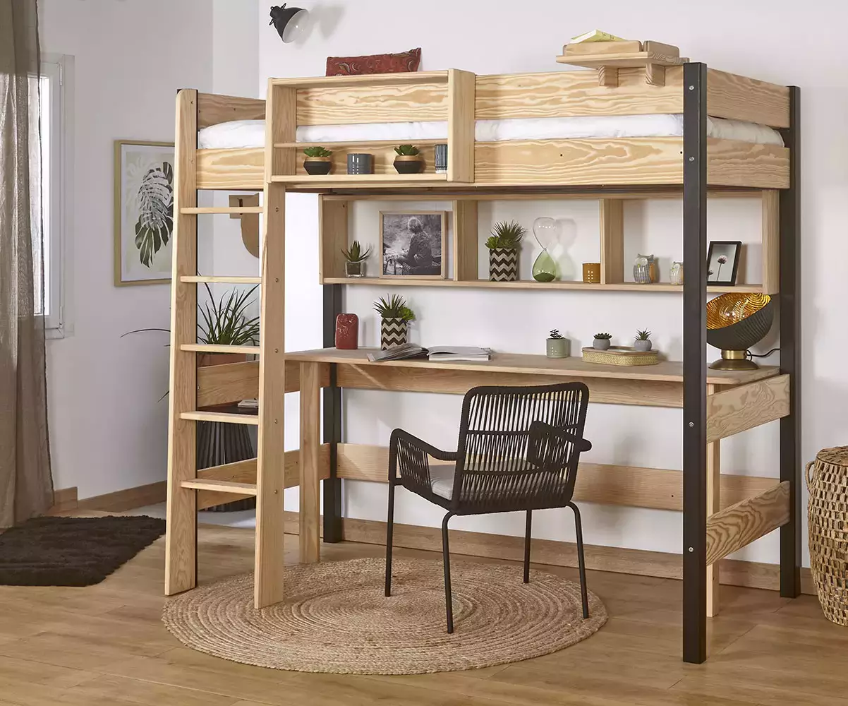 Lit mezzanine Douglas bois et noir avec bureau (rangements en option) Lit mezzanine Douglas bois et noir avec bureau (rangements en option)