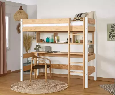 Lit mezzanine Douglas bois et blanc avec bureau (rangements en option)