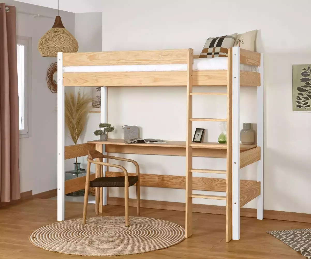 Lit mezzanine Douglas bois et blanc avec bureau Lit mezzanine Douglas bois et blanc avec bureau