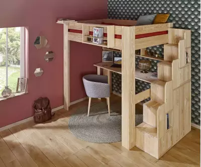 Ensemble lit mezzanine Paros bois naturel double avec escalier aves rangement