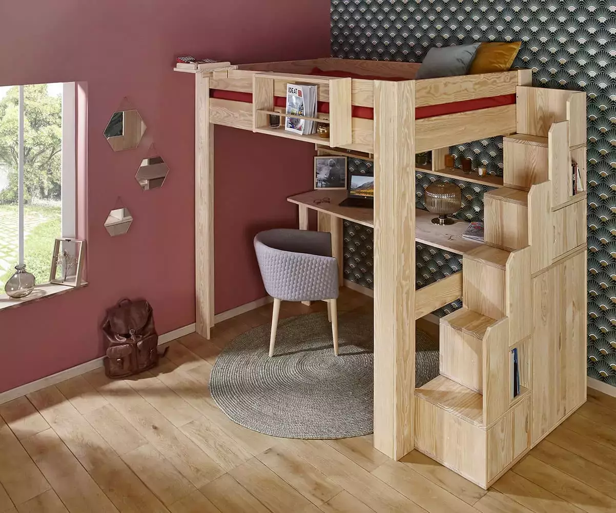 Ensemble lit mezzanine Paros bois naturel double avec escalier aves rangement Ensemble lit mezzanine Paros bois naturel double avec escalier aves rangement