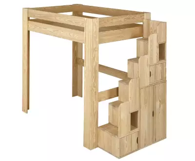 Lit mezzanine bois naturel avec escalier Paros côté droit