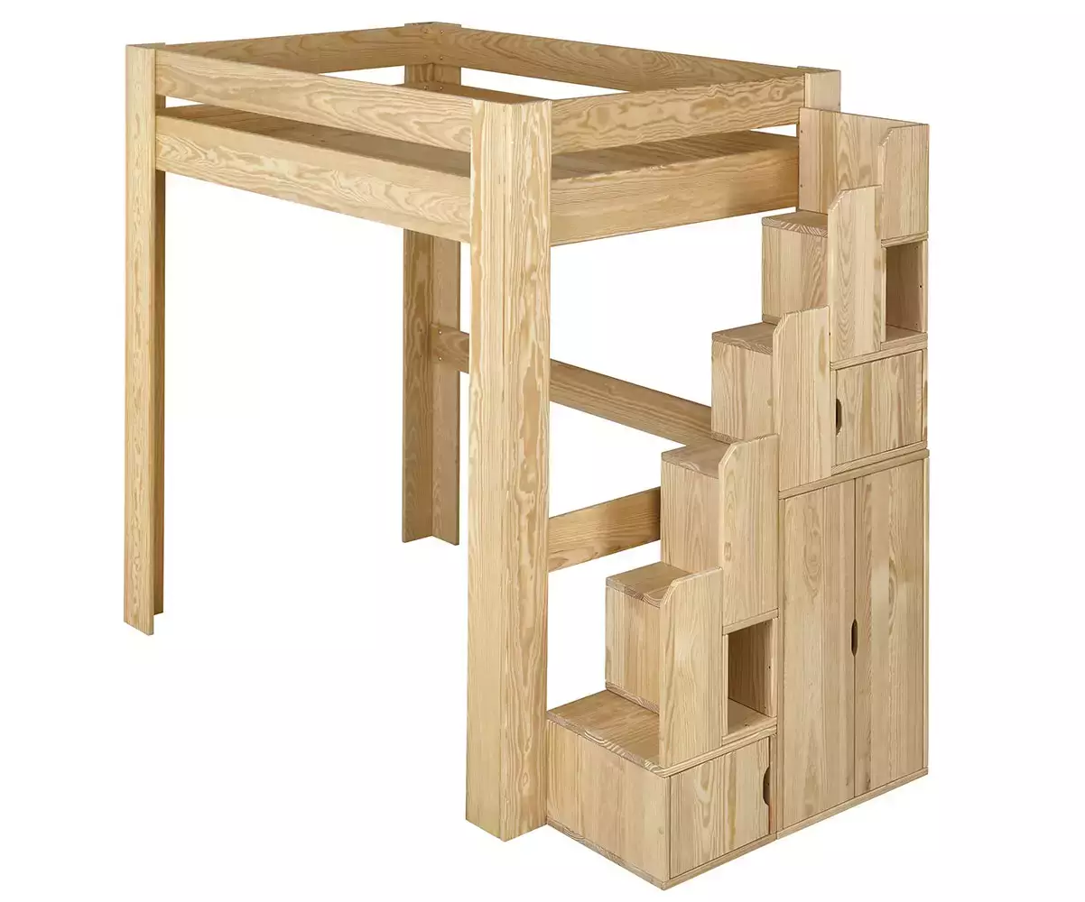 Lit mezzanine bois naturel avec escalier Paros côté droit Lit mezzanine bois naturel avec escalier Paros côté droit