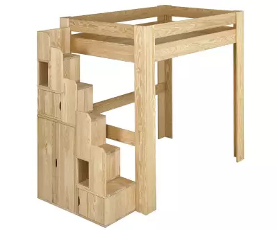 Lit mezzanine bois naturel avec escalier Paros côté gauche