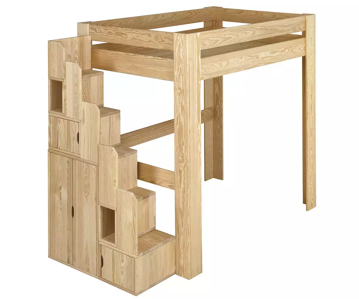 Lit mezzanine bois naturel avec escalier Paros côté gauche Lit mezzanine bois naturel avec escalier Paros côté gauche