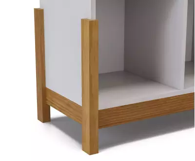 Zoom sur le pied des rangements Caldéra en bois et blanc