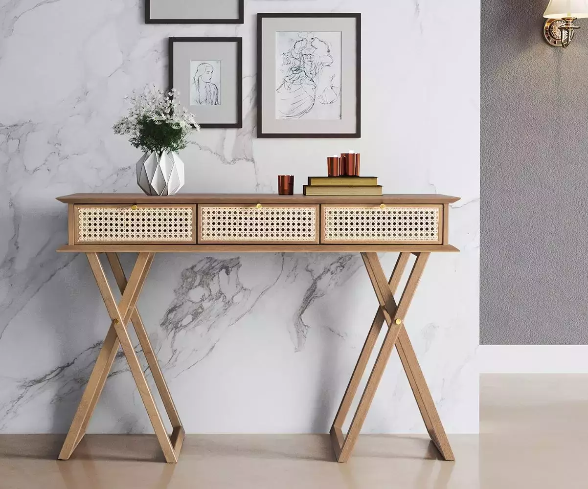 Console Dinda, meuble de rangement fonctionnel doté de 3 tiroirs Console Dinda, meuble de rangement fonctionnel doté de 3 tiroirs