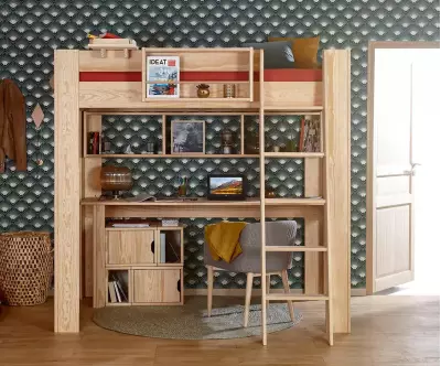 Bureau Milos bois naturel avec lit mezzanine Paros