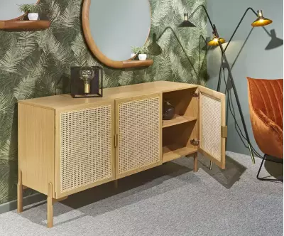 Buffet 3 portes en bois et cannage
