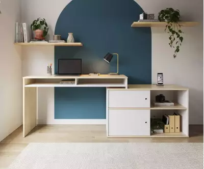 Bureau en longueur Isonoé blanc et bois