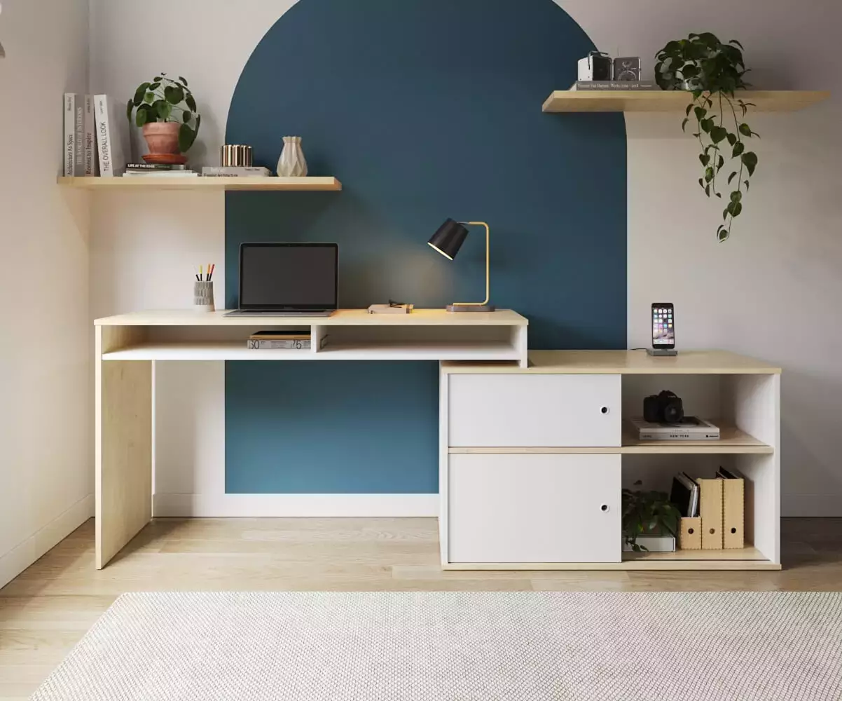 Bureau en longueur Isonoé blanc et bois Bureau en longueur Isonoé blanc et bois