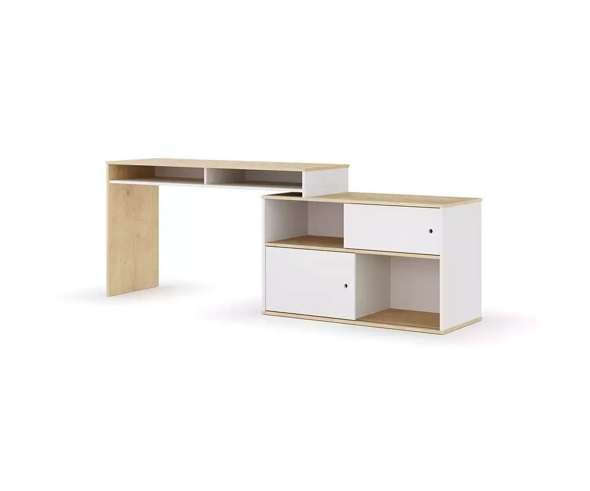 Bureau en position droite blanc et bois Bureau en position droite blanc et bois