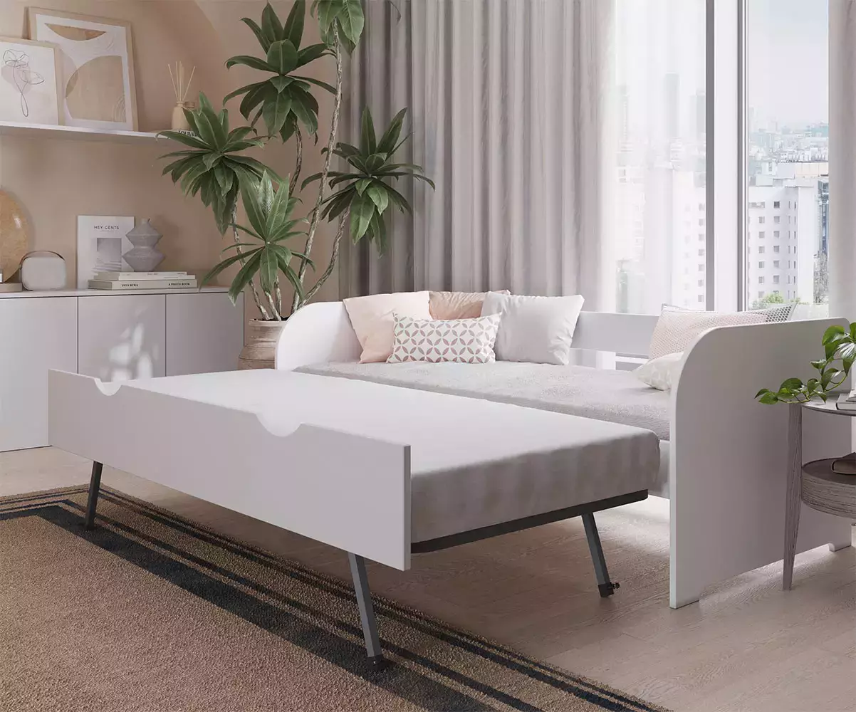 Lit gigogne déplié 2 couchages blanc Lit gigogne déplié 2 couchages blanc