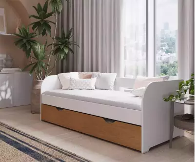 Lit gigogne banquette blanc et noisette