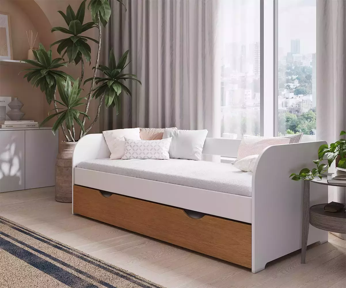 Lit gigogne banquette blanc et noisette Lit gigogne banquette blanc et noisette