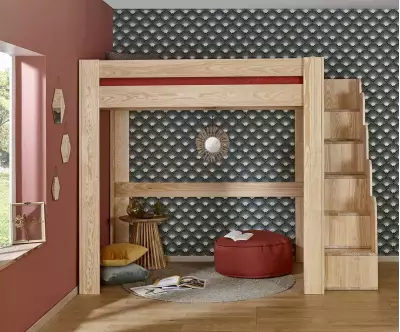 Lit mezzanine escalier bois naturel gain de place