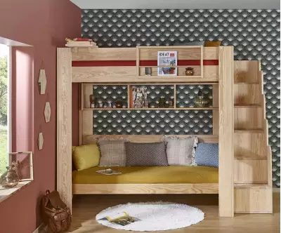 Lit mezzanine escalier bois naturel avec banquette Euphor en option