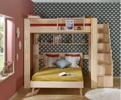 Lit mezzanine bois naturel avec lit double Riddel en option
