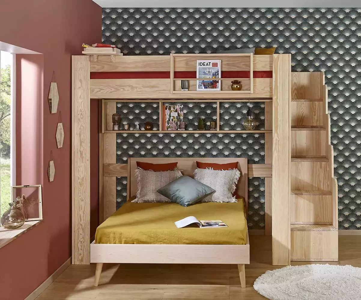 Lit mezzanine bois naturel avec lit double Riddel en option Lit mezzanine bois naturel avec lit double Riddel en option